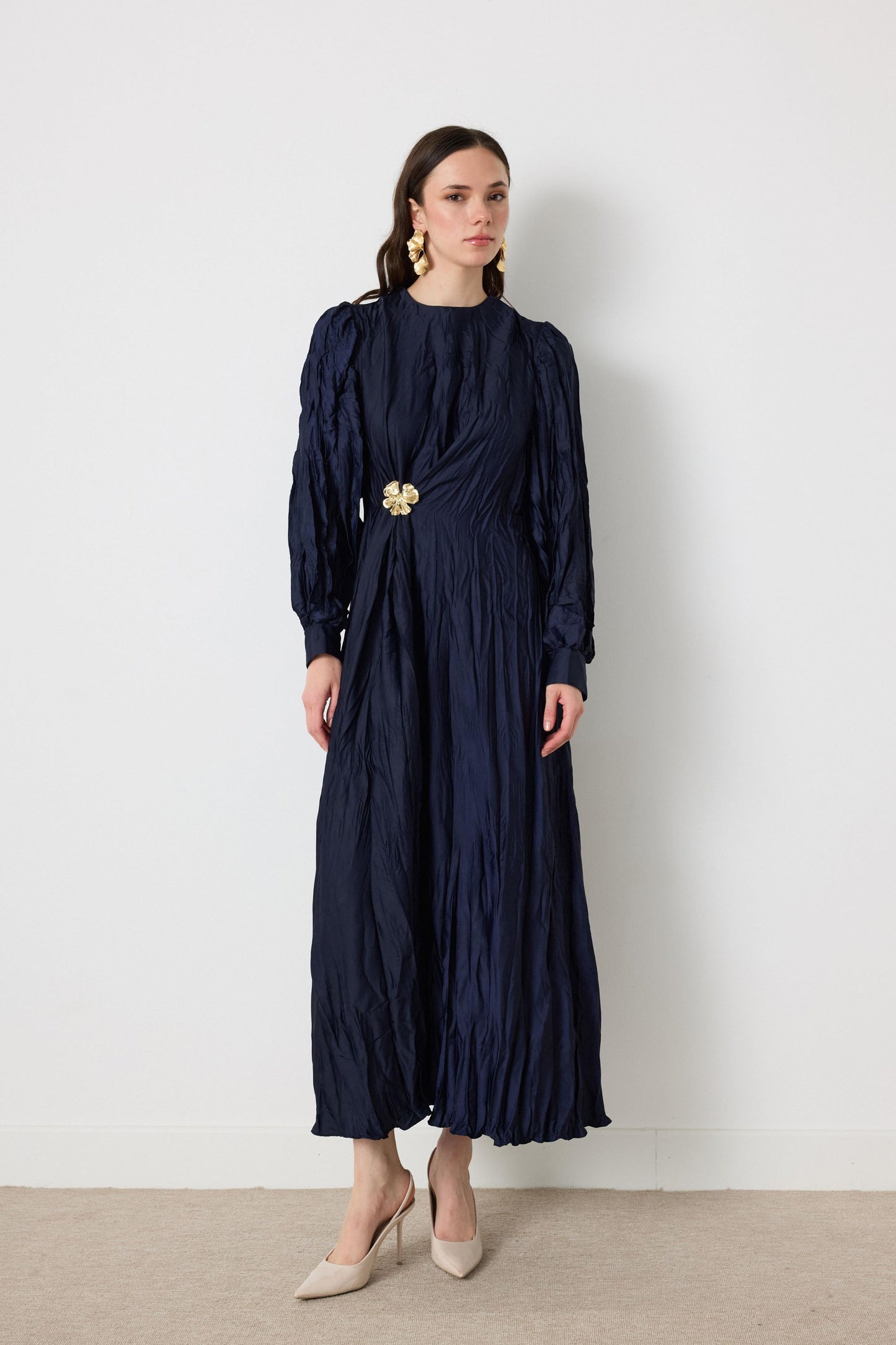 Crinkled Silk Satin Dress with Brooch in Navy Blue