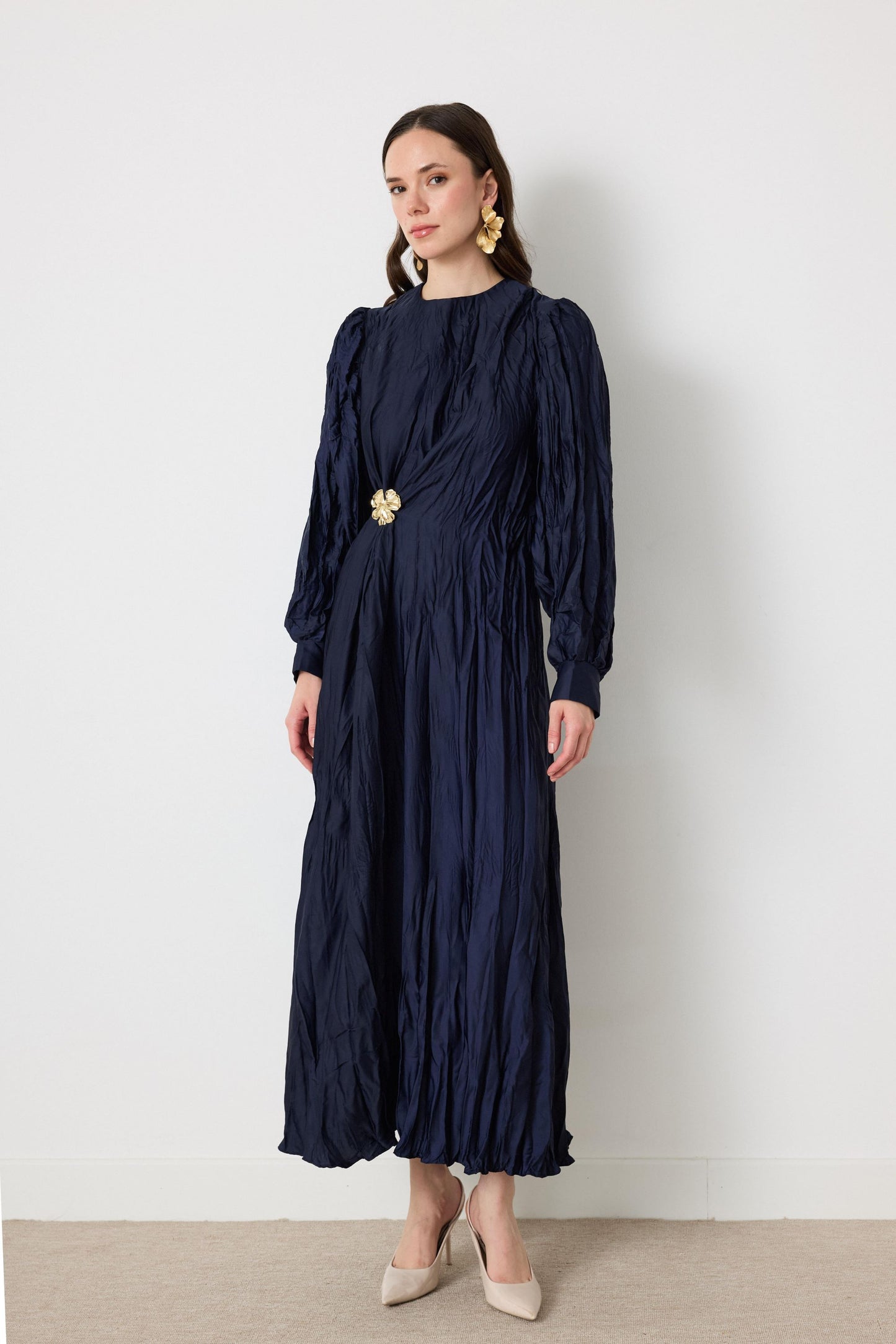 Crinkled Silk Satin Dress with Brooch in Navy Blue