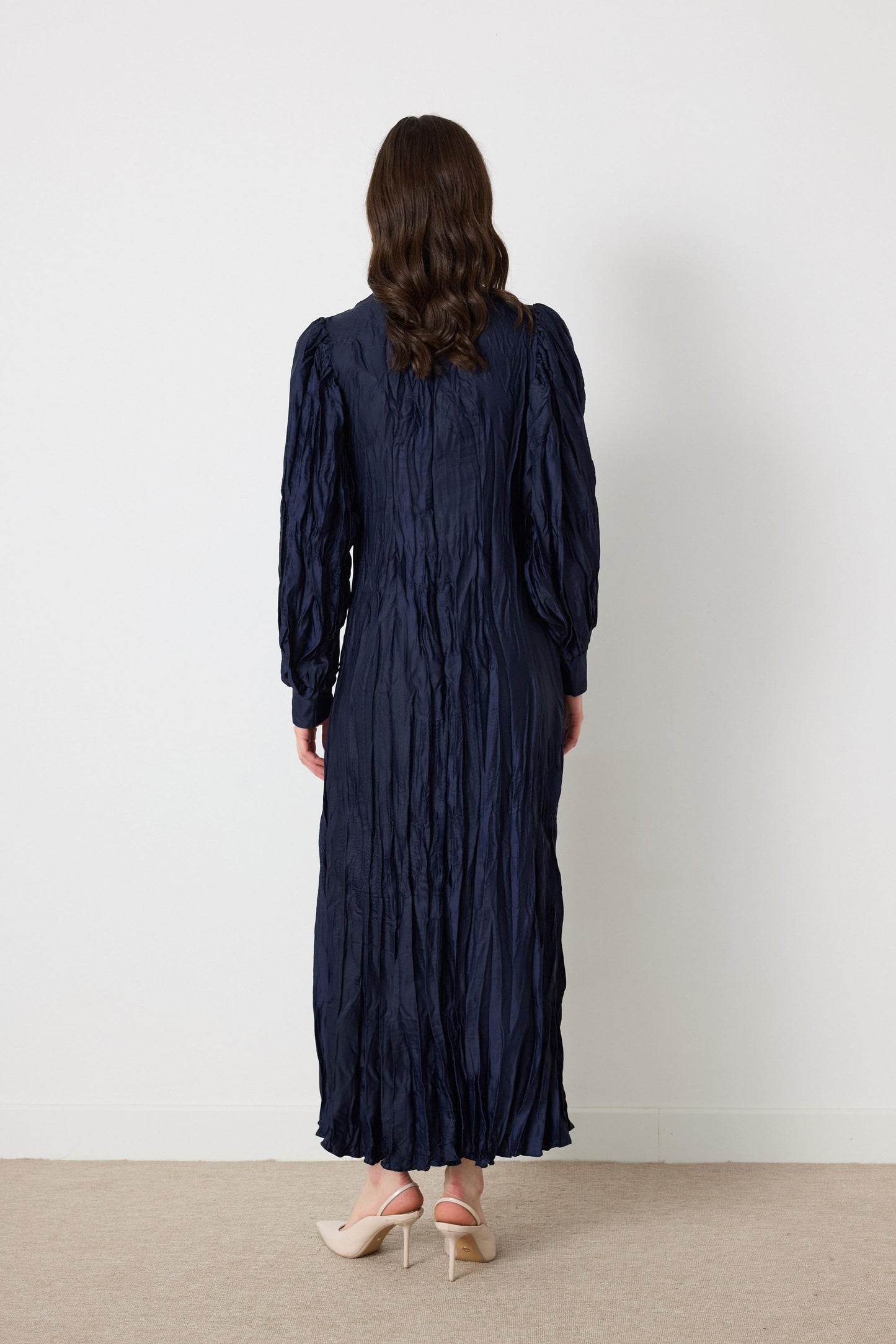 Crinkled Silk Satin Dress with Brooch in Navy Blue