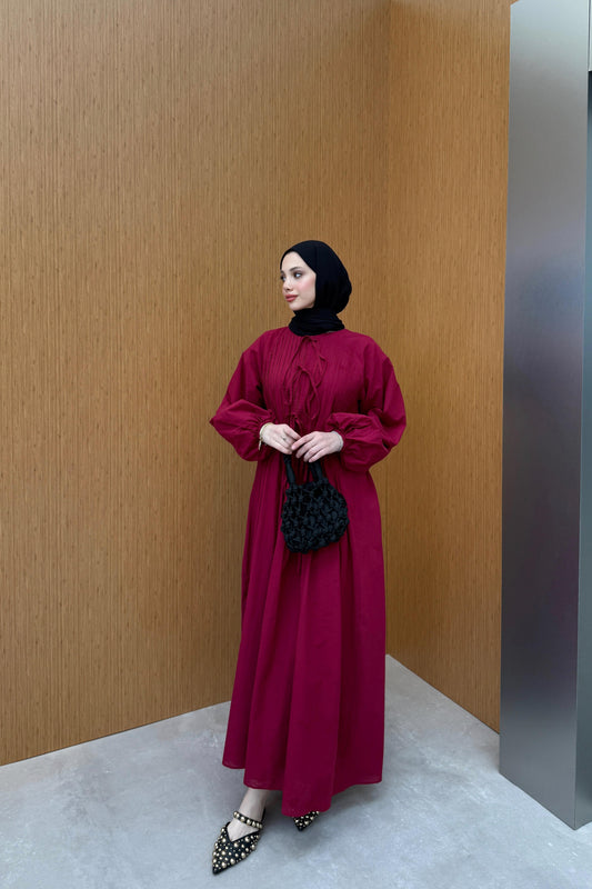Tie Waist Linen Dress in Burgundy