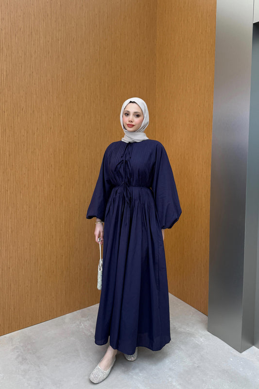 Tie Waist Linen Dress in Navy Blue