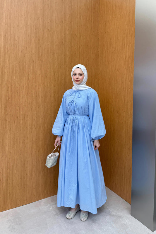 Tie Waist Linen Dress in Baby Blue