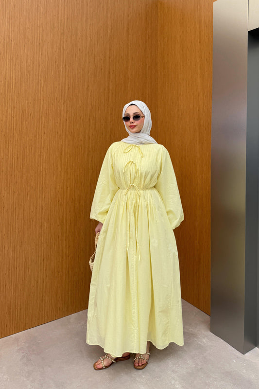 Tie Waist Linen Dress in Yellow