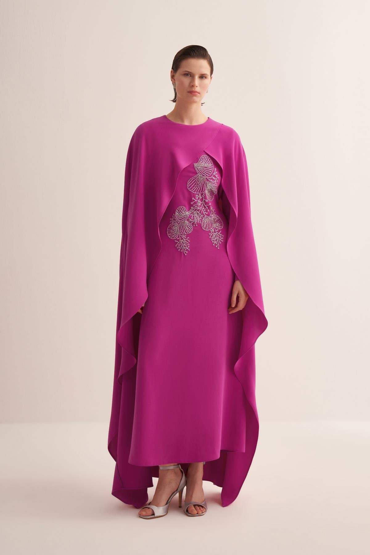 Embroidered Fuschia Cape Evening Gown