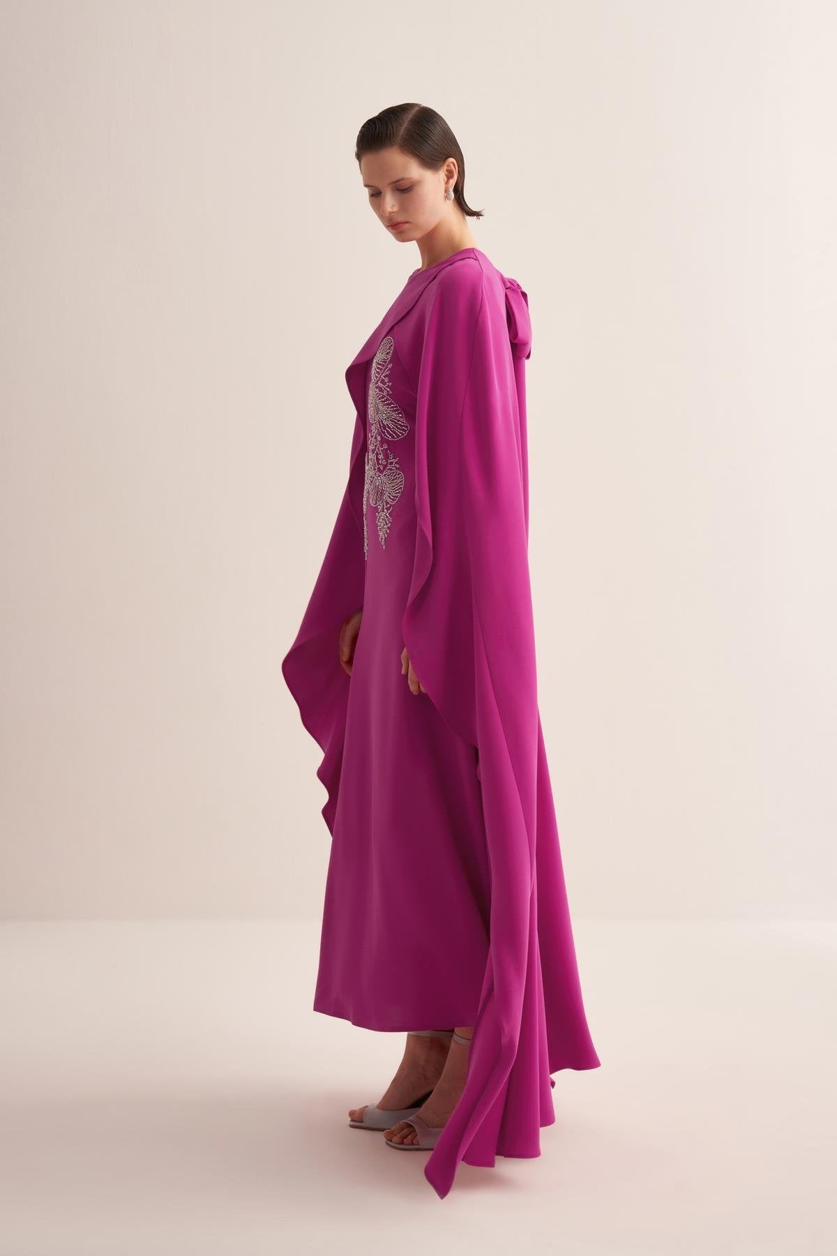 Embroidered Fuschia Cape Evening Gown