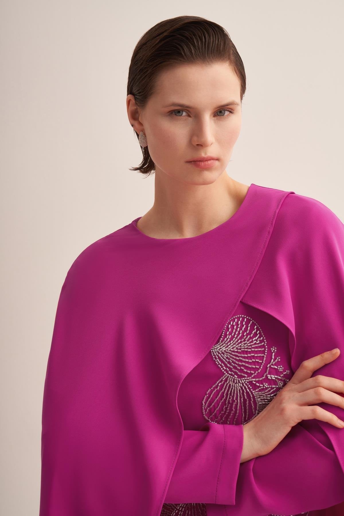 Embroidered Fuschia Cape Evening Gown