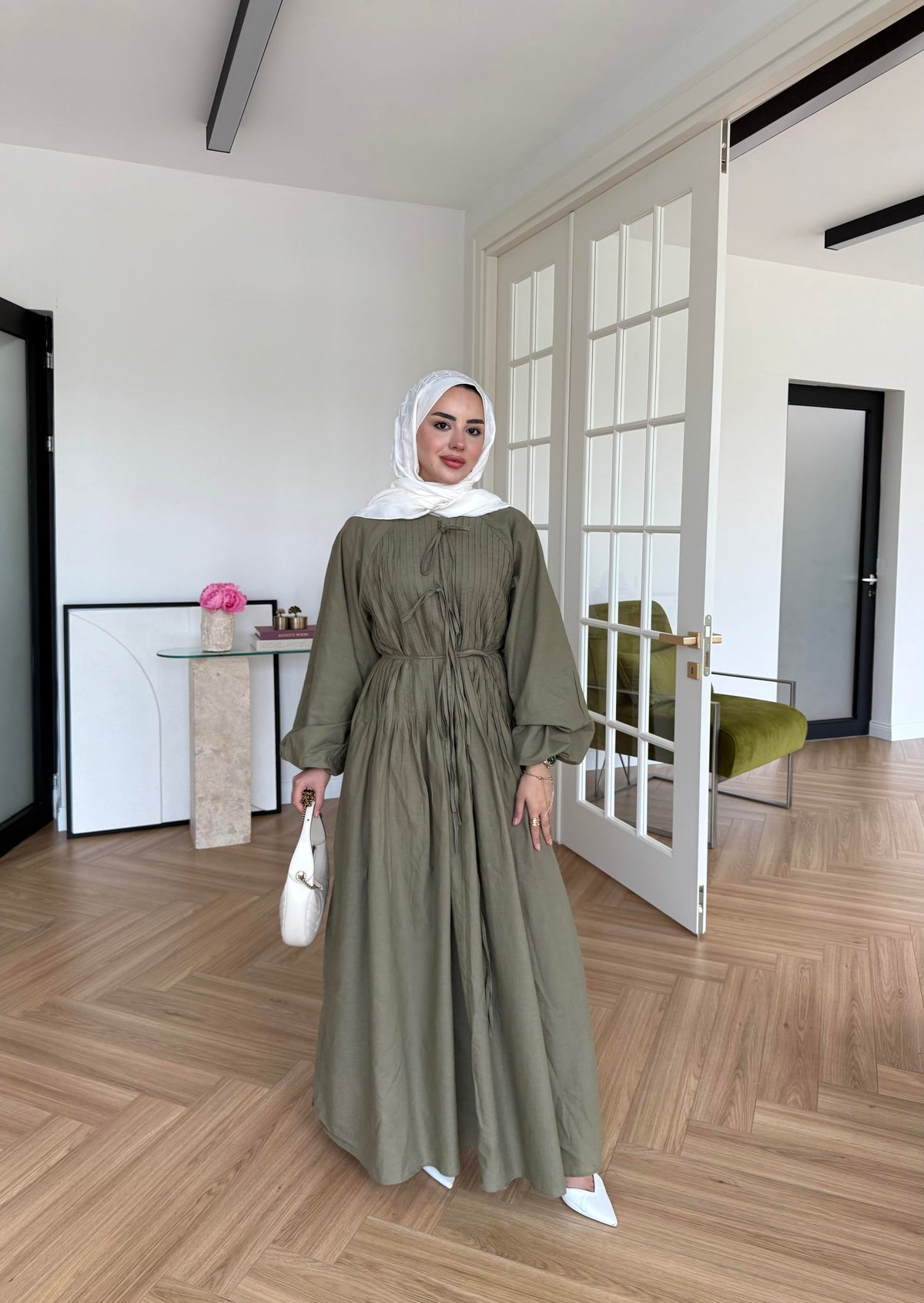 Nua Ribbed Chiffon Dress Khaki