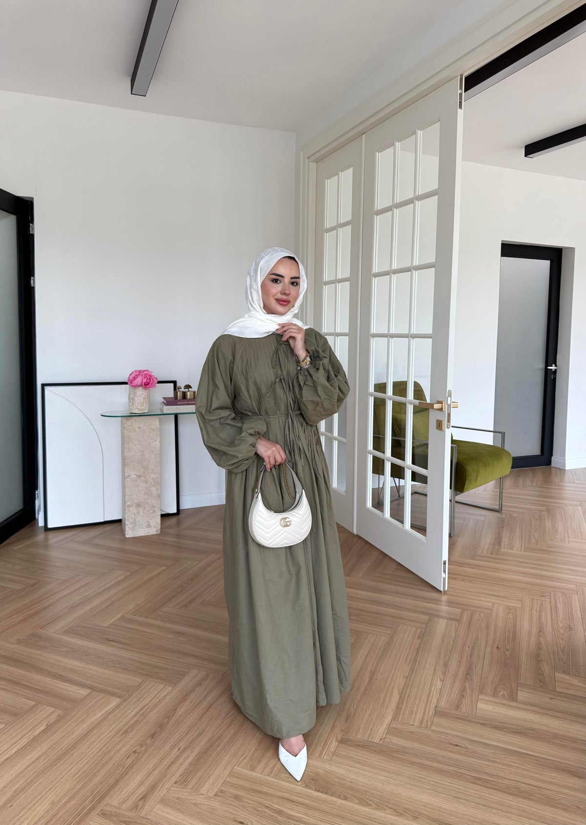 Nua Ribbed Chiffon Dress Khaki