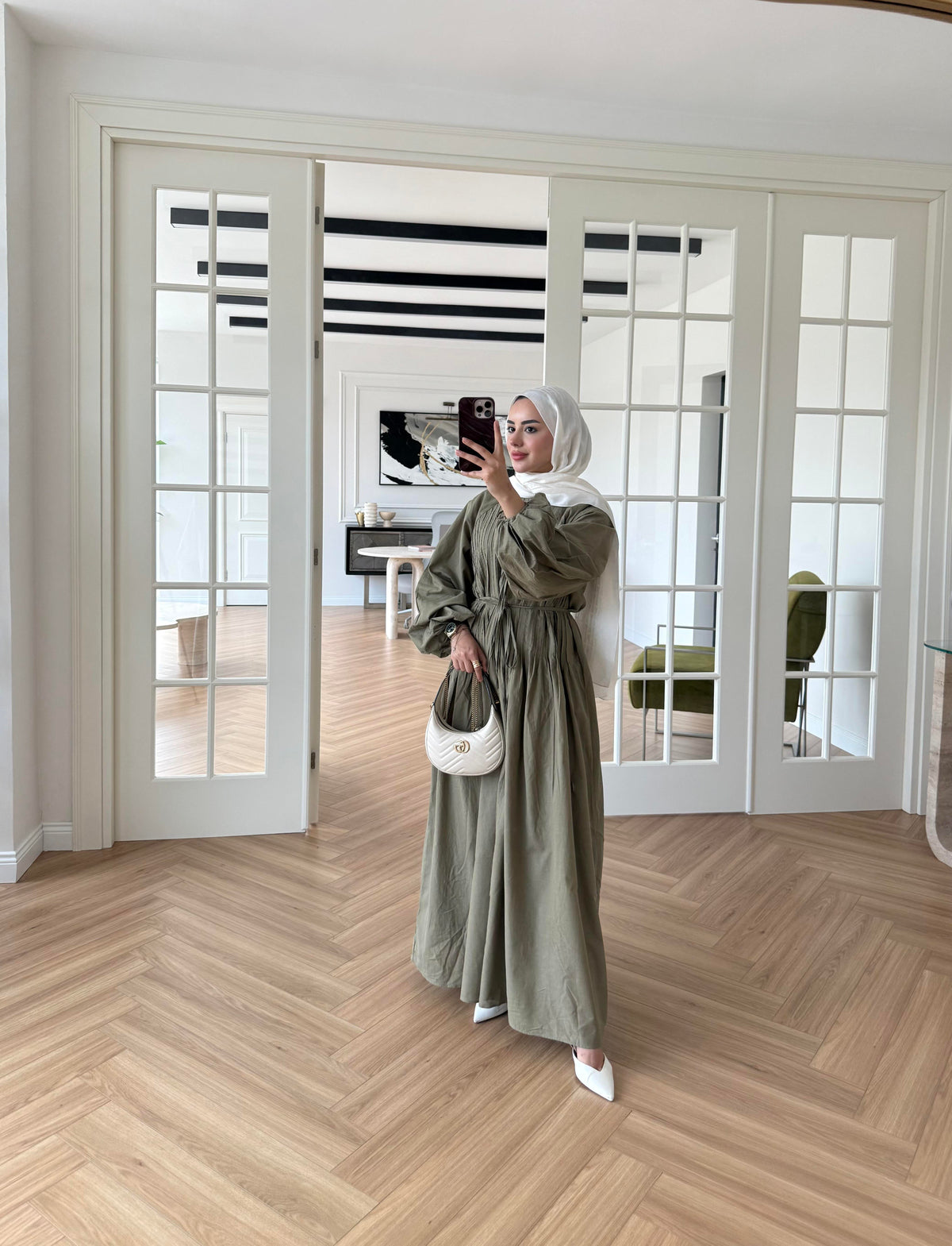 Nua Ribbed Chiffon Dress Khaki