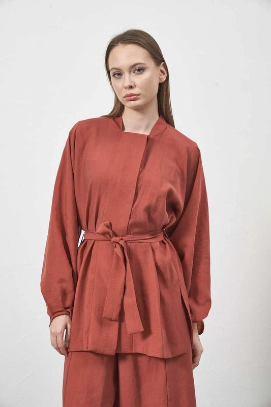 %100 Cotton Belted Modal Tunic Jacket Terracota