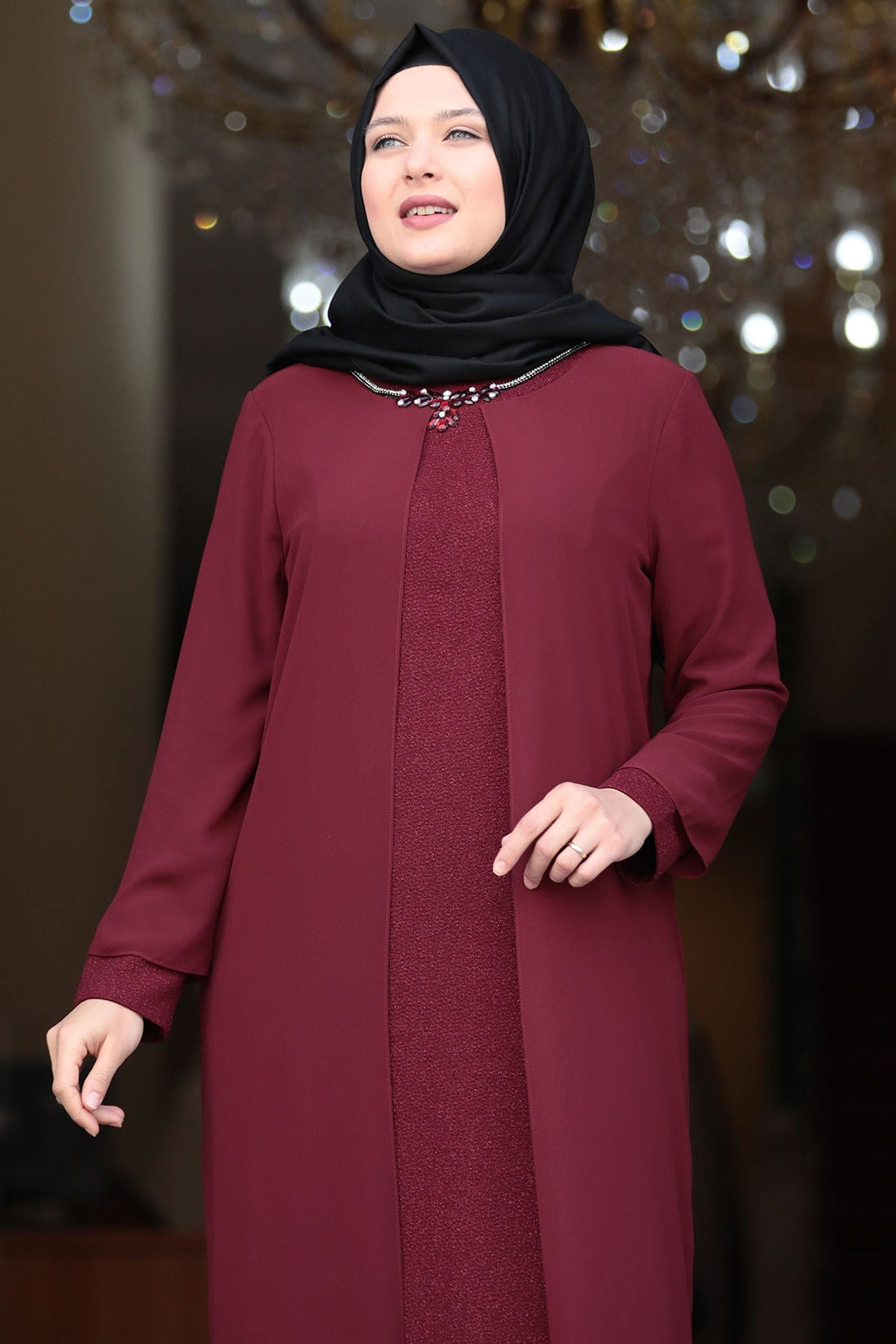 Parıltı Modest Evening Dress - Burgundy