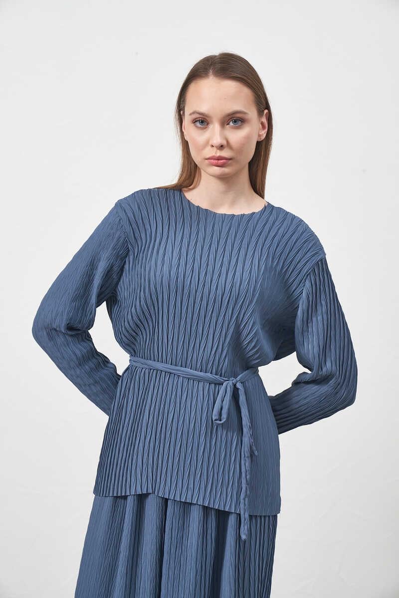 Pleated Blouse Indigo with Belt