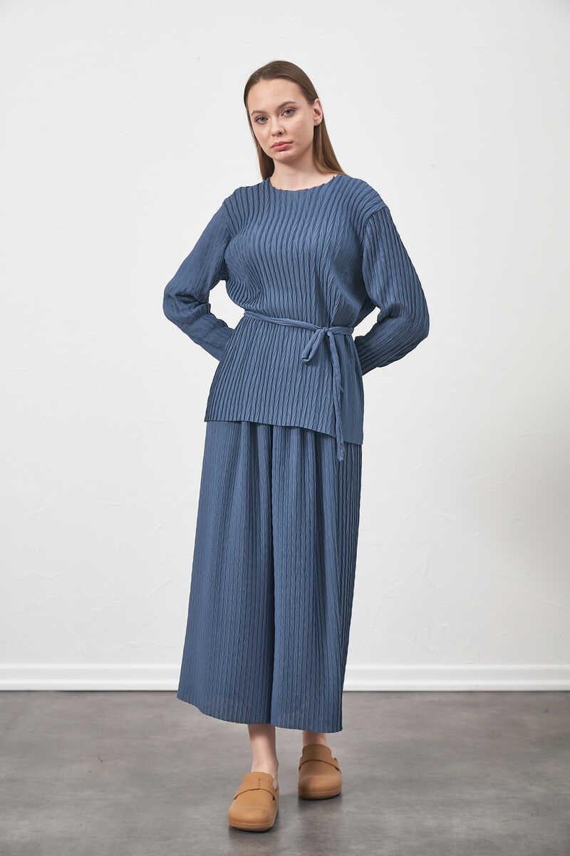 Pleated Blouse Indigo with Belt