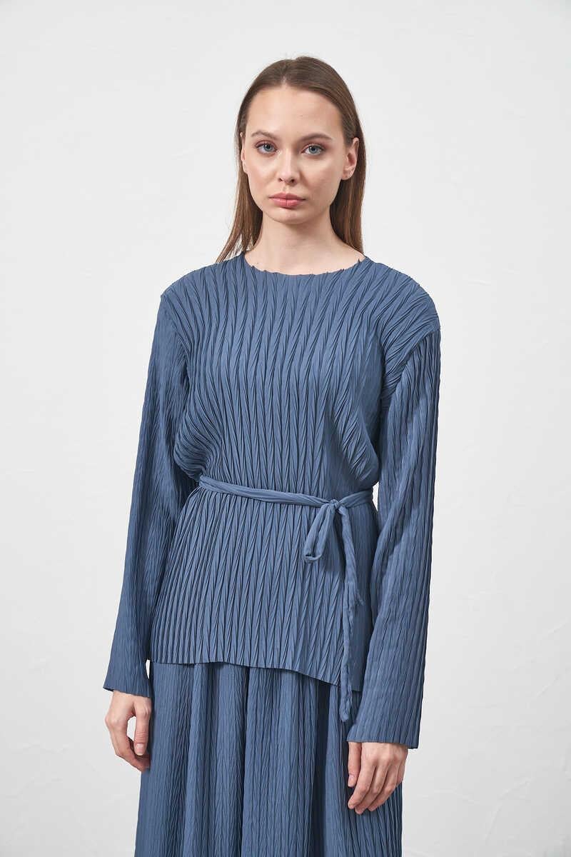 Pleated Blouse Indigo with Belt