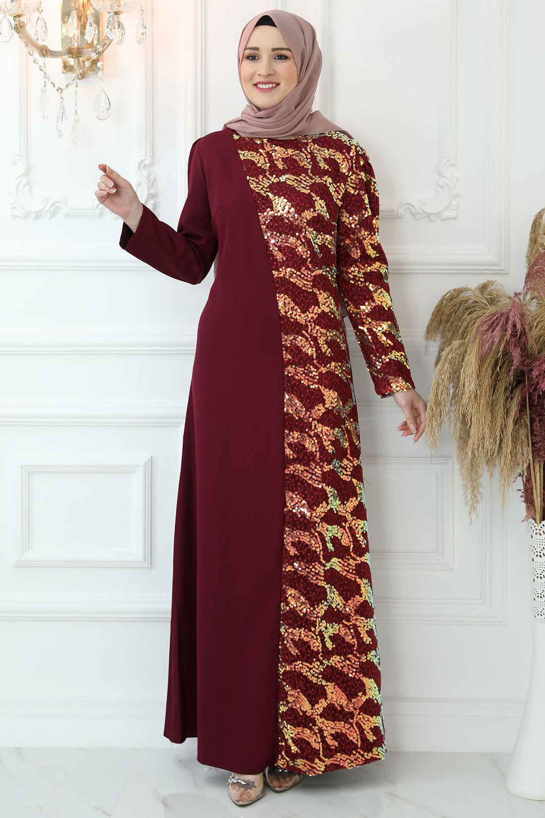 Pul Payetli Modest Evening Dress - Burgundy