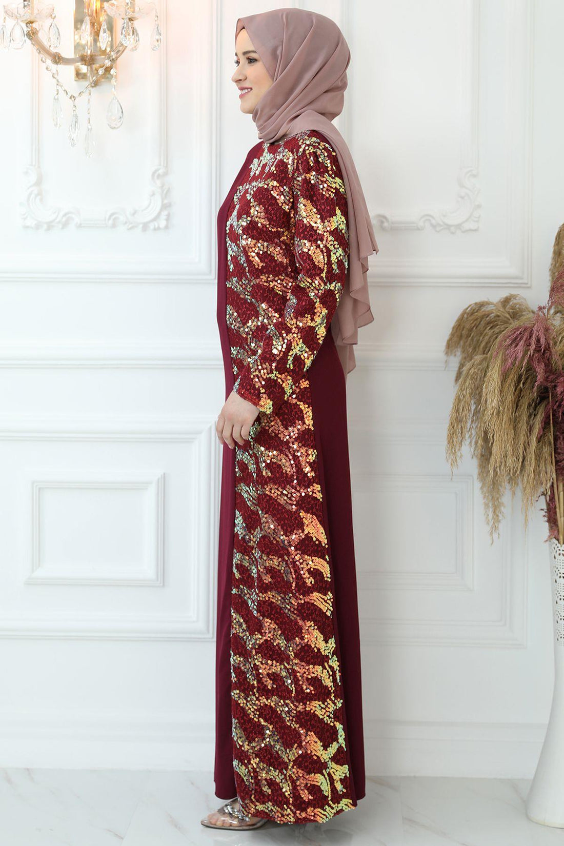 Pul Payetli Modest Evening Dress - Burgundy