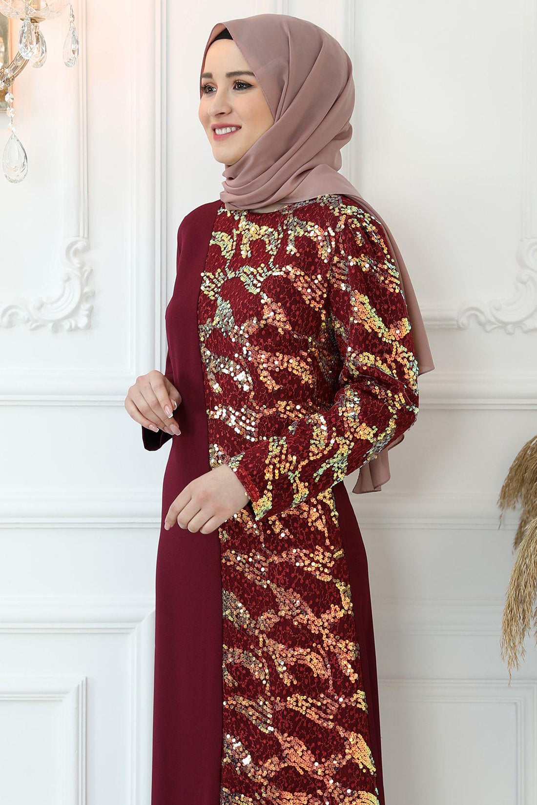 Pul Payetli Modest Evening Dress - Burgundy