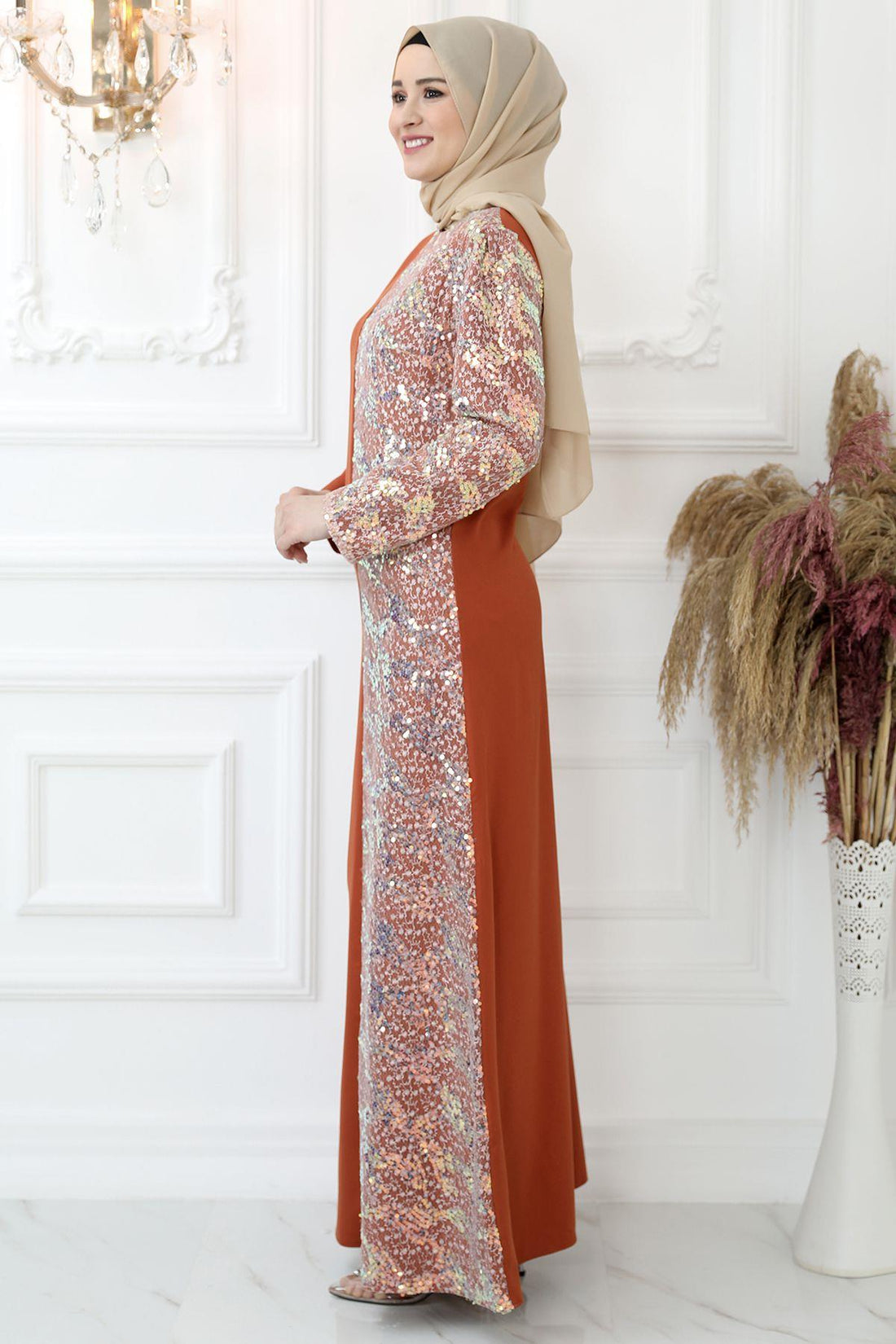 Pul Payetli Modest Evening Dress - Terracotta