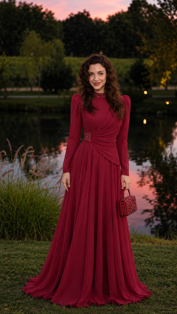 Rosie draped modest chiffon gown in Burgundy, full length