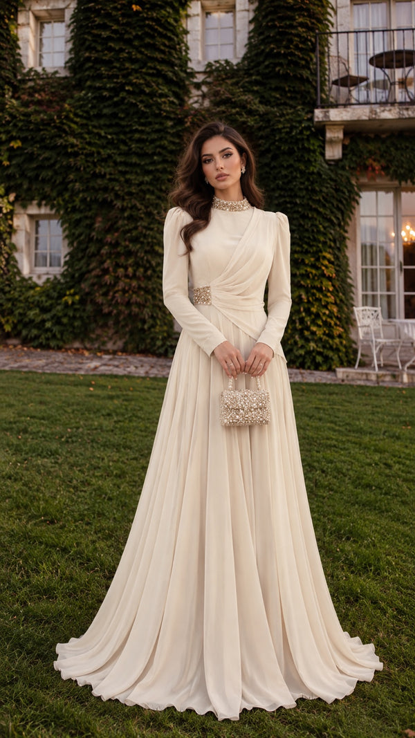 Rosie draped modest chiffon gown in Ivory, full length
