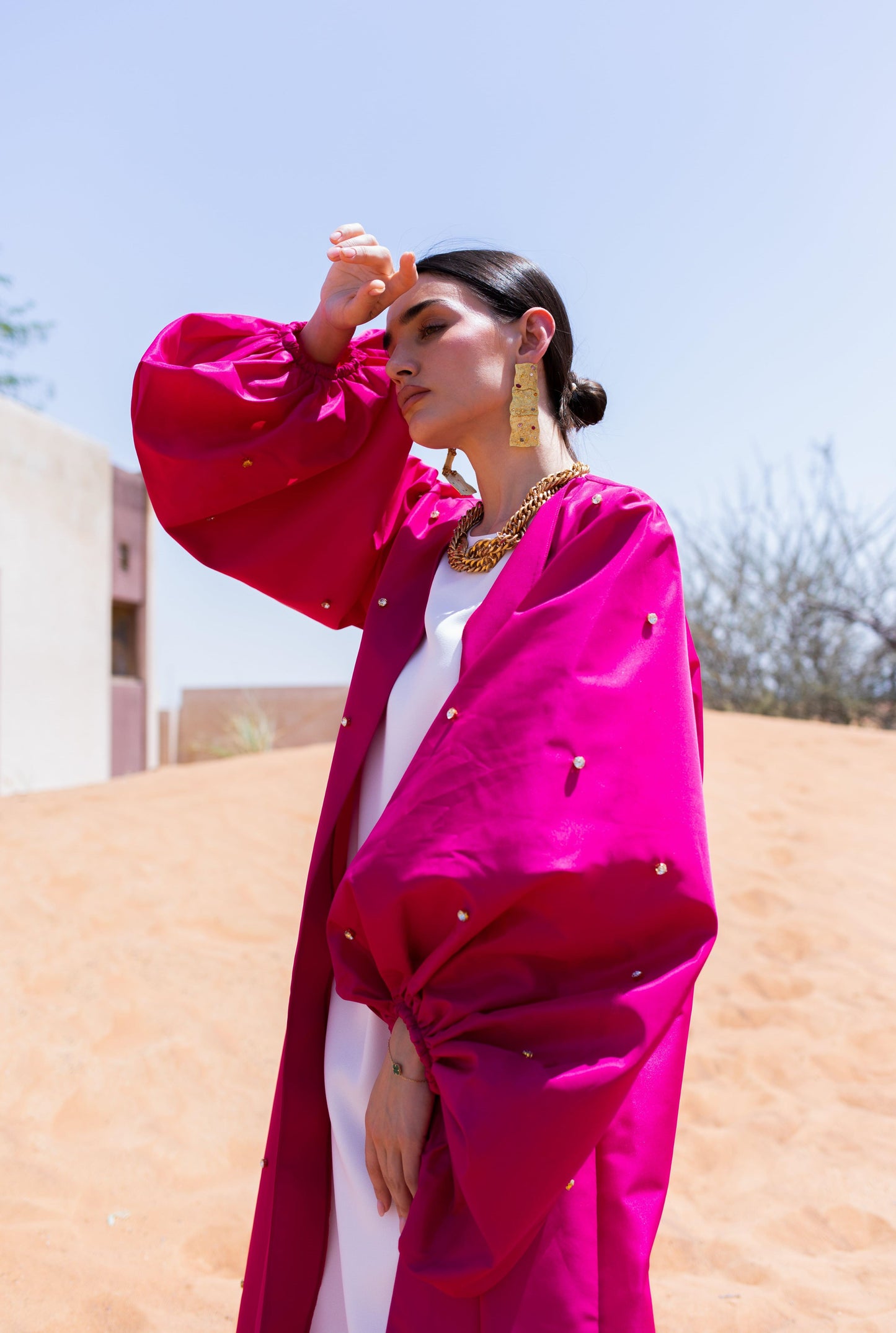 Fucshia Taffeta Bowl Neck Detailed Crystal Abaya