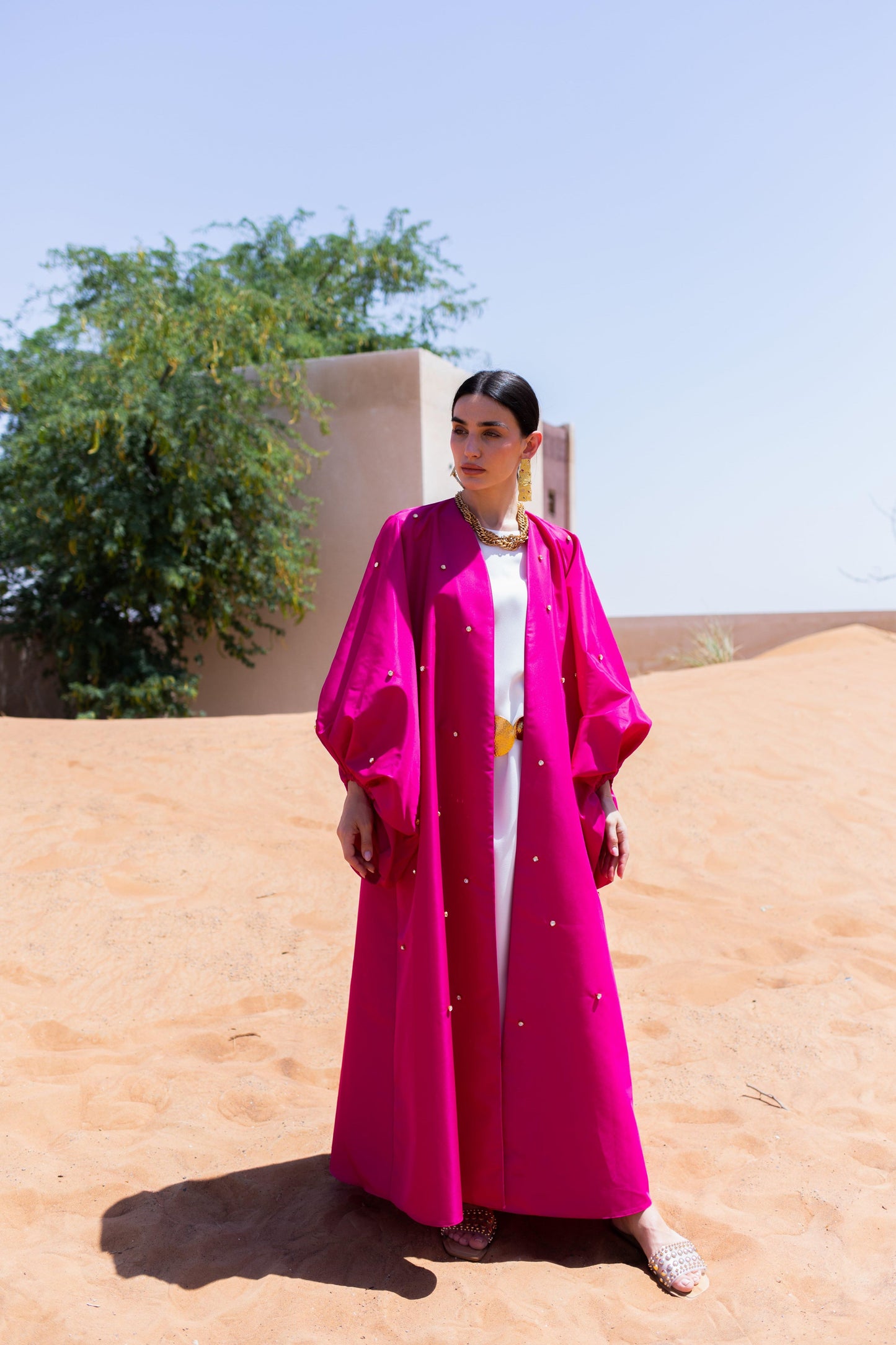 Fucshia Taffeta Bowl Neck Detailed Crystal Abaya