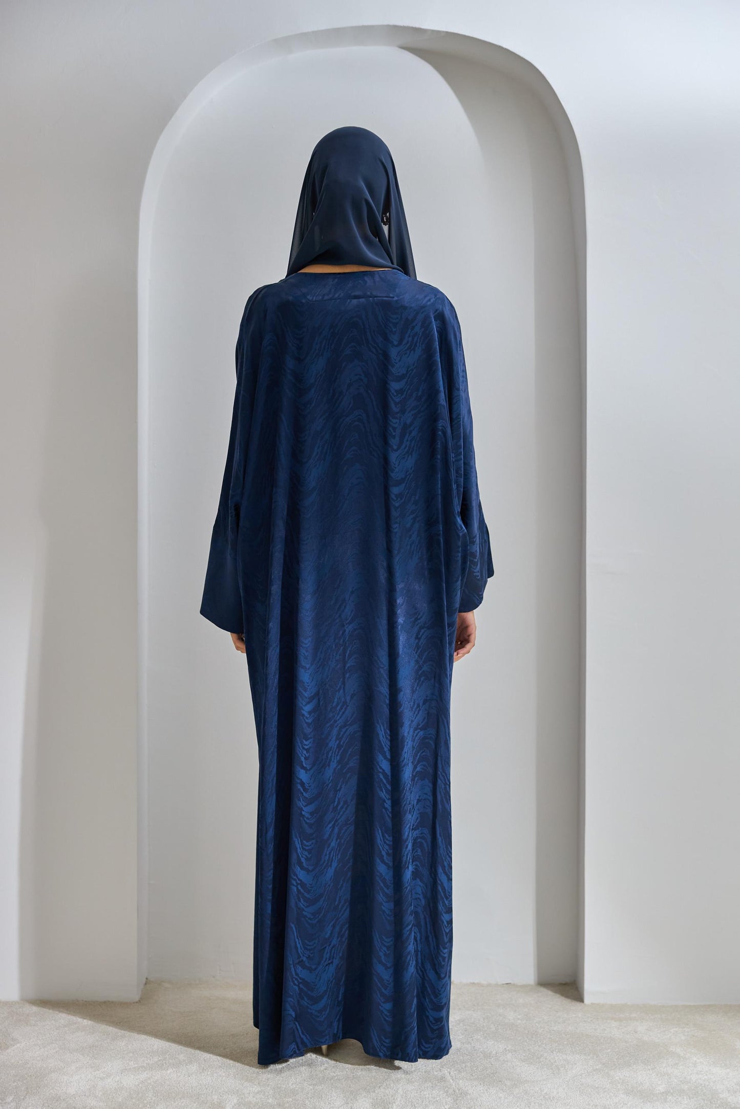 Navy Blue Viscose Abaya Set with Dress and Shawl