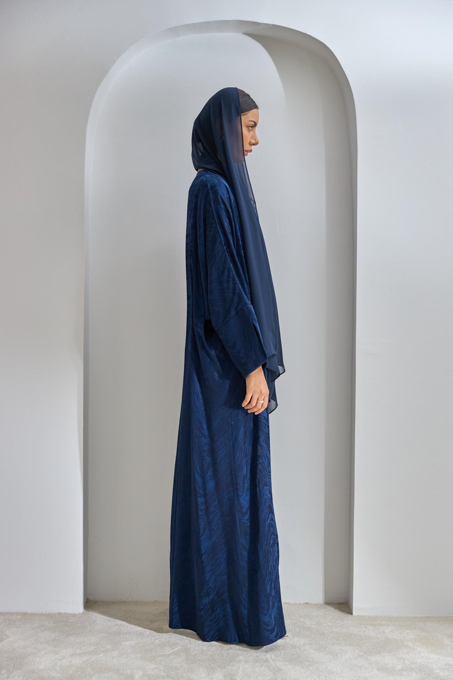 Navy Blue Viscose Abaya Set with Dress and Shawl