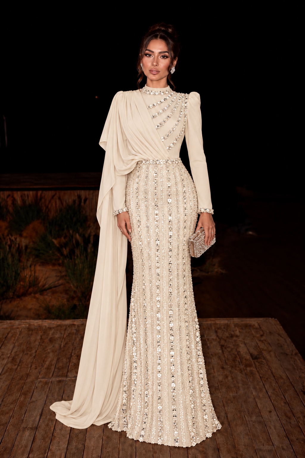 Scheherazade Couture Evening Dress, Ivory – full length editorial photograph