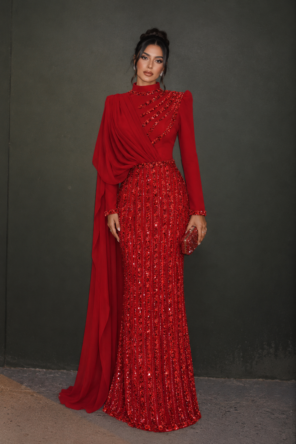 Scheherazade Couture Evening Dress, Red – full length editorial photograph