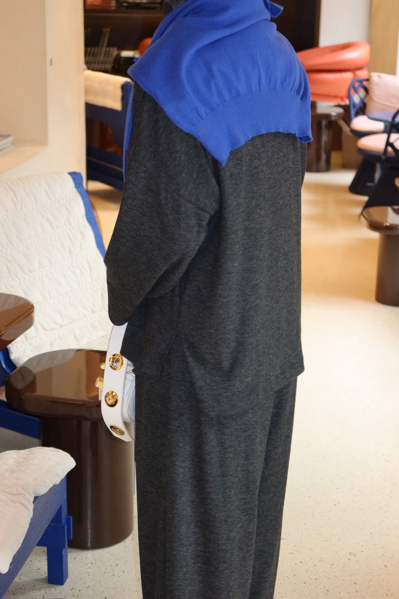 Three-piece knit cardigan top and pants set Charcoal – back