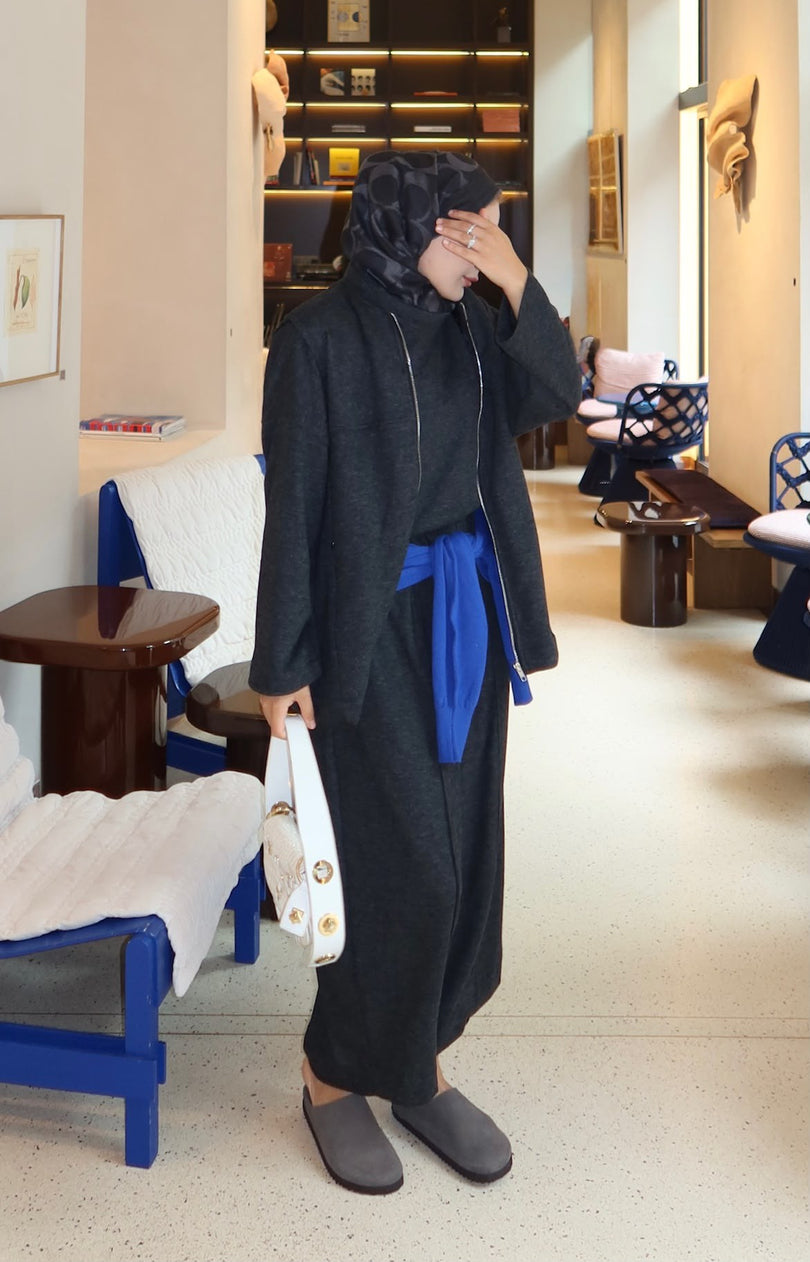Three-piece knit cardigan top and pants set Charcoal – side