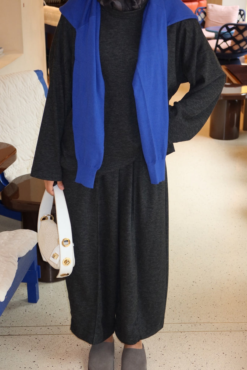 Three-piece knit cardigan top and pants set Charcoal – top-and-pants