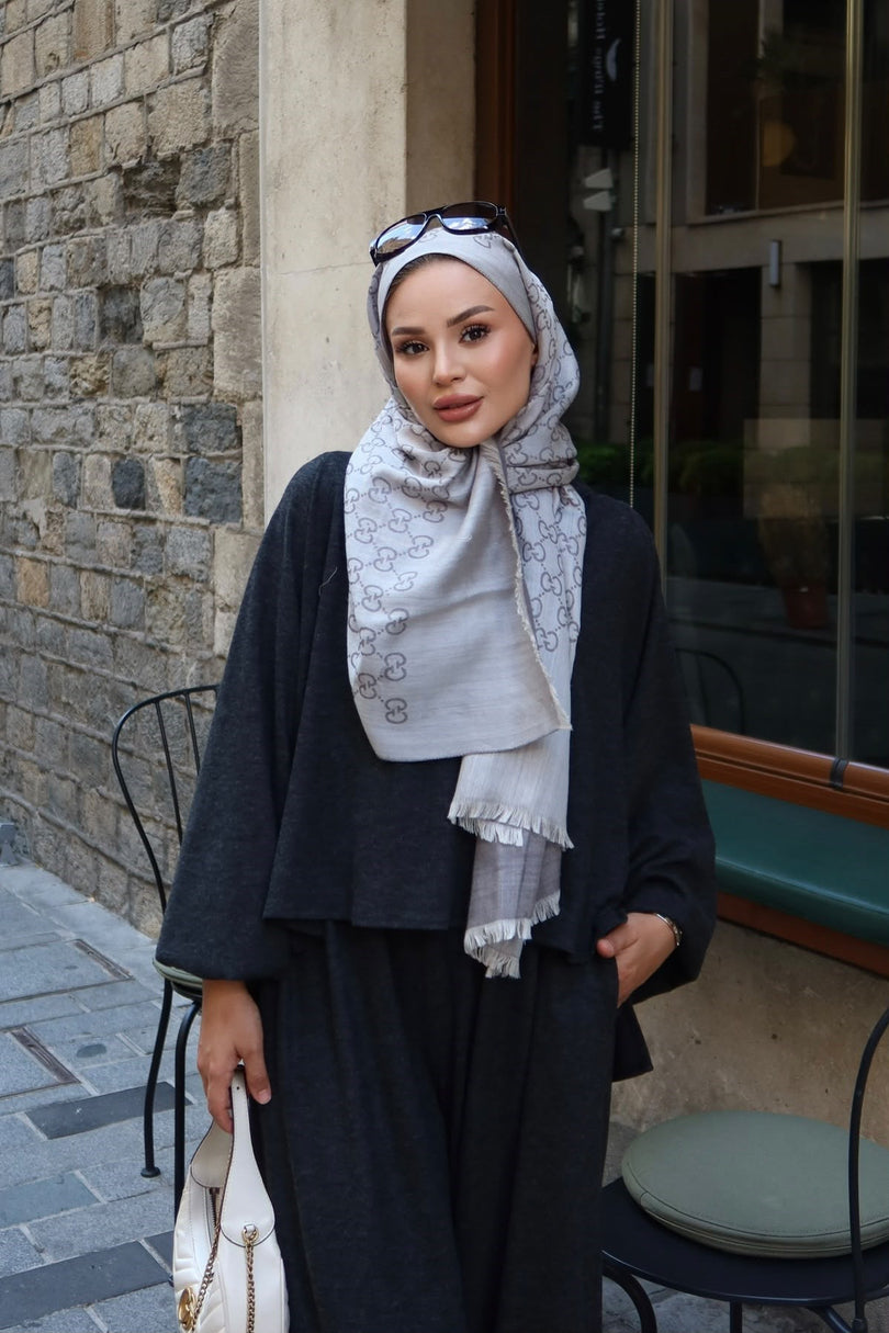 Charcoal relaxed harem pants and long sleeve co ord set closeup