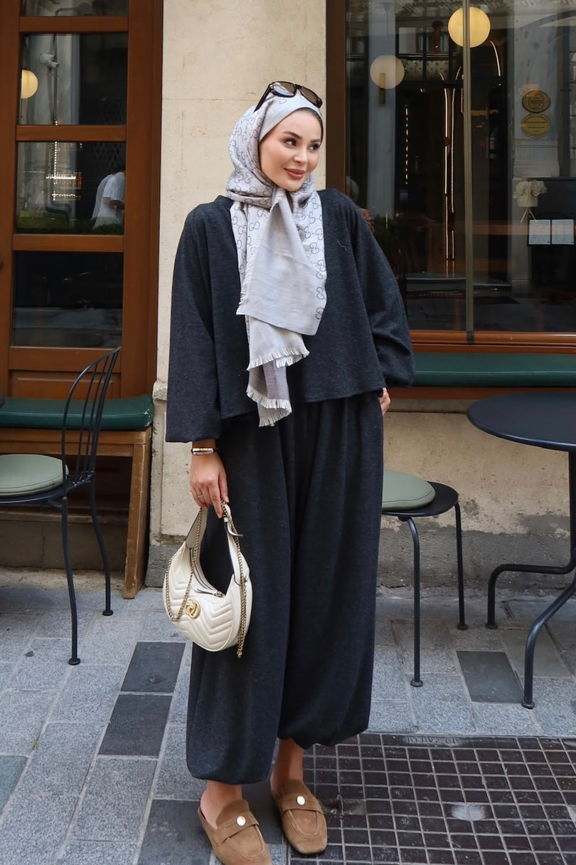 Charcoal relaxed harem pants and long sleeve co ord set pose