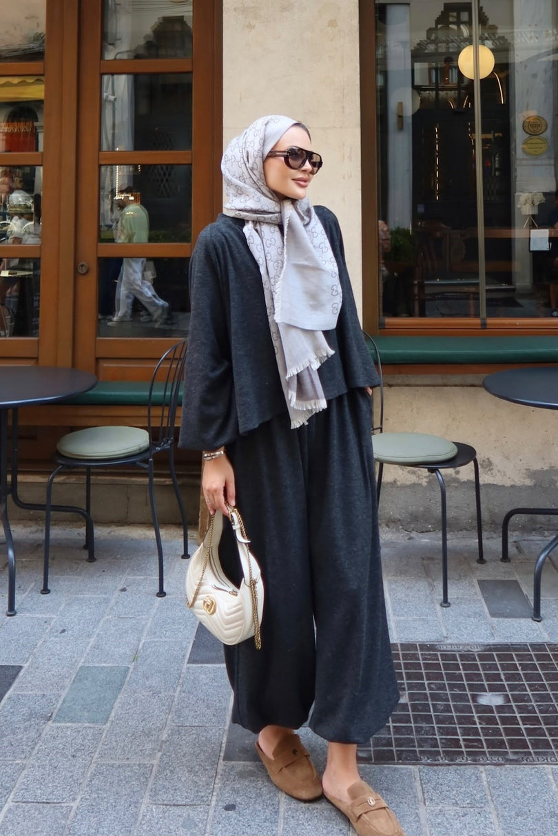 Charcoal relaxed harem pants and long sleeve co ord set side