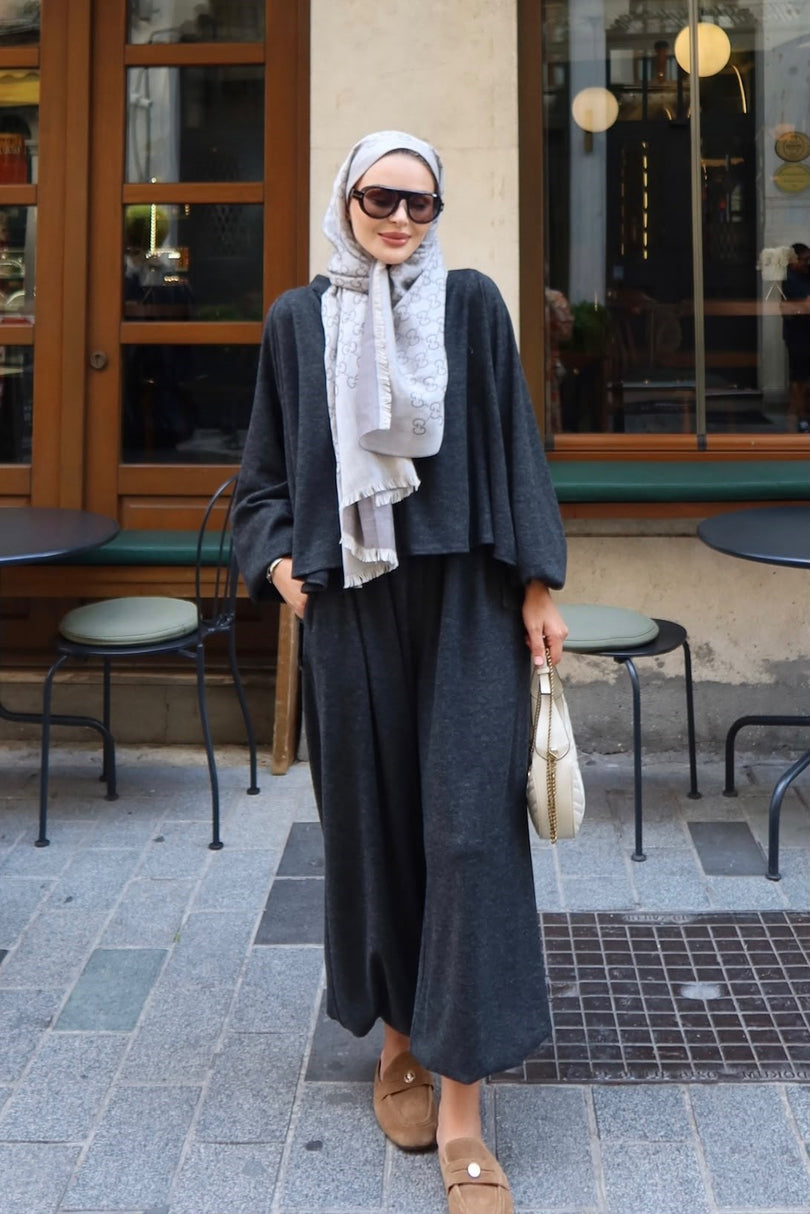Charcoal relaxed harem pants and long sleeve co ord set standing