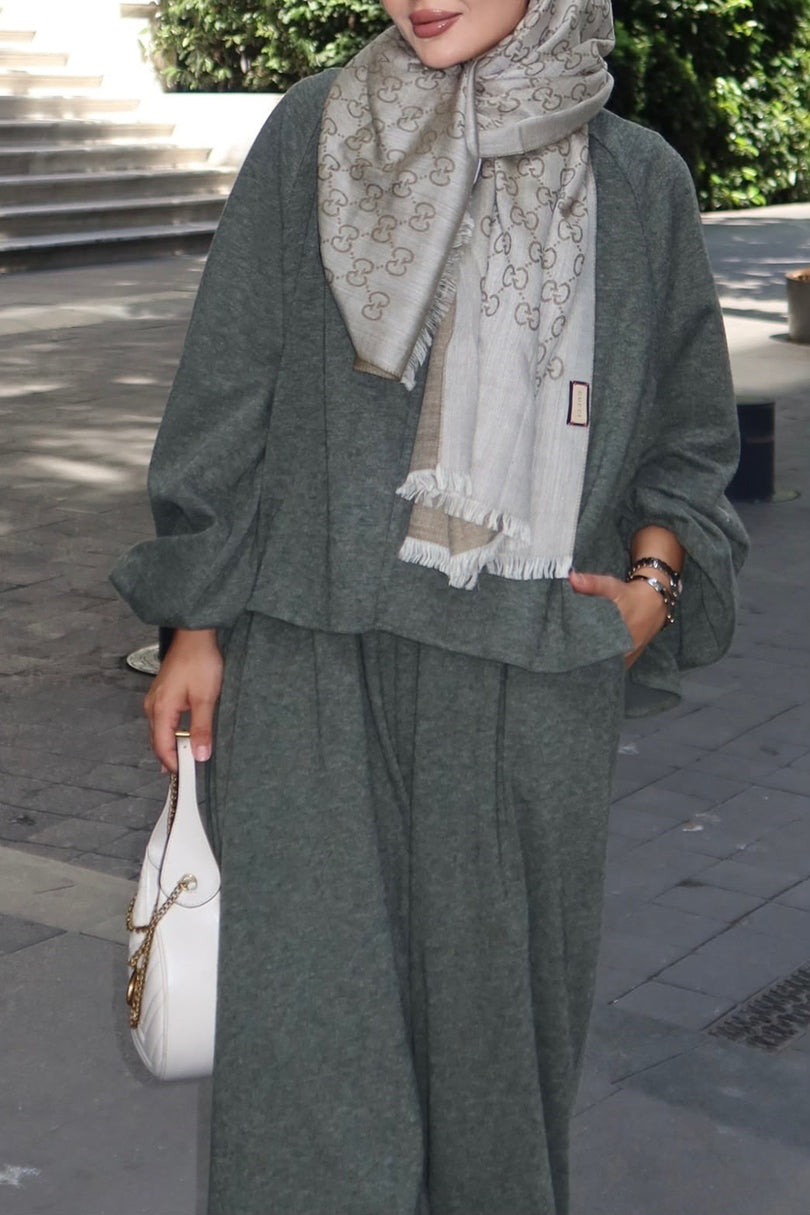 Khaki relaxed harem pants and long sleeve co ord set closeup