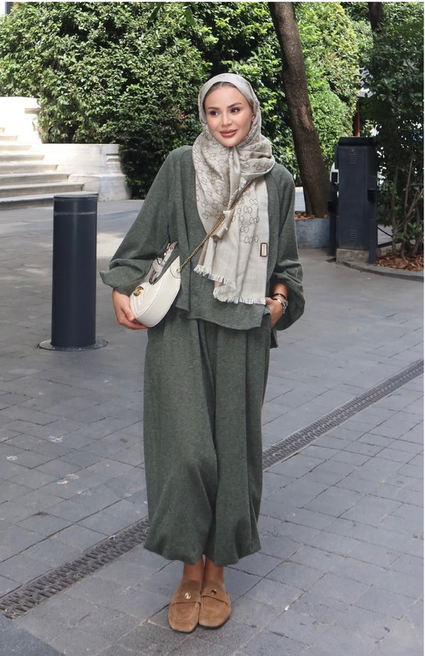 Khaki relaxed harem pants and long sleeve co ord set front