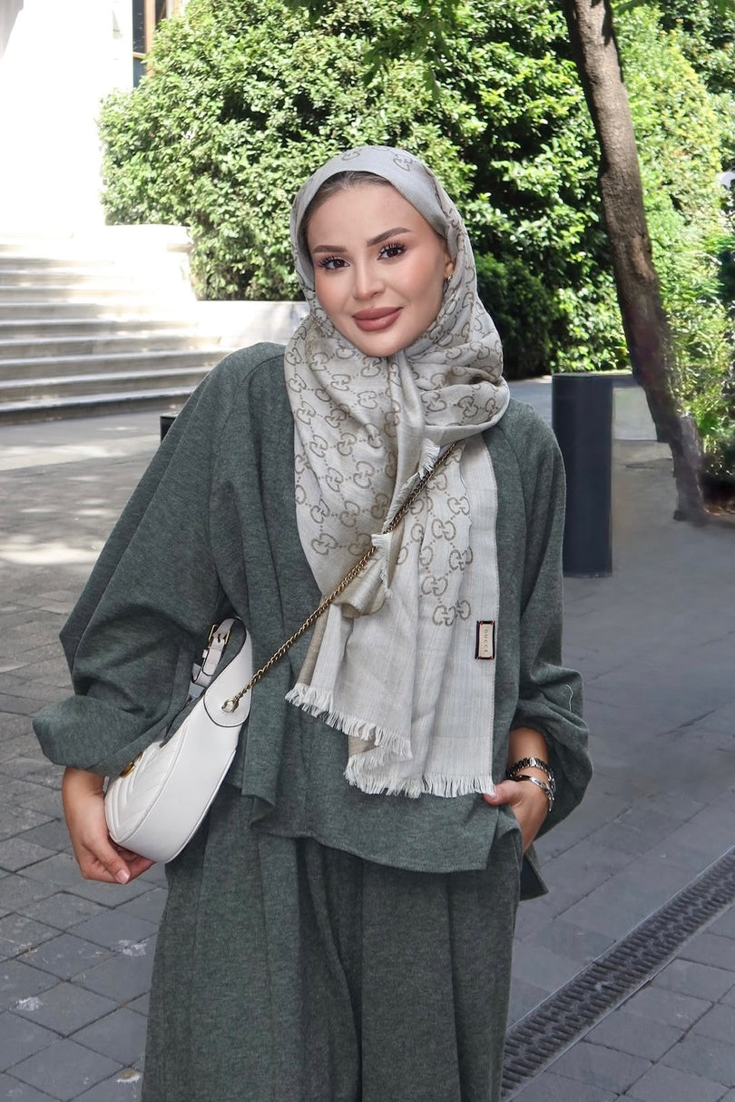Khaki relaxed harem pants and long sleeve co ord set portrait