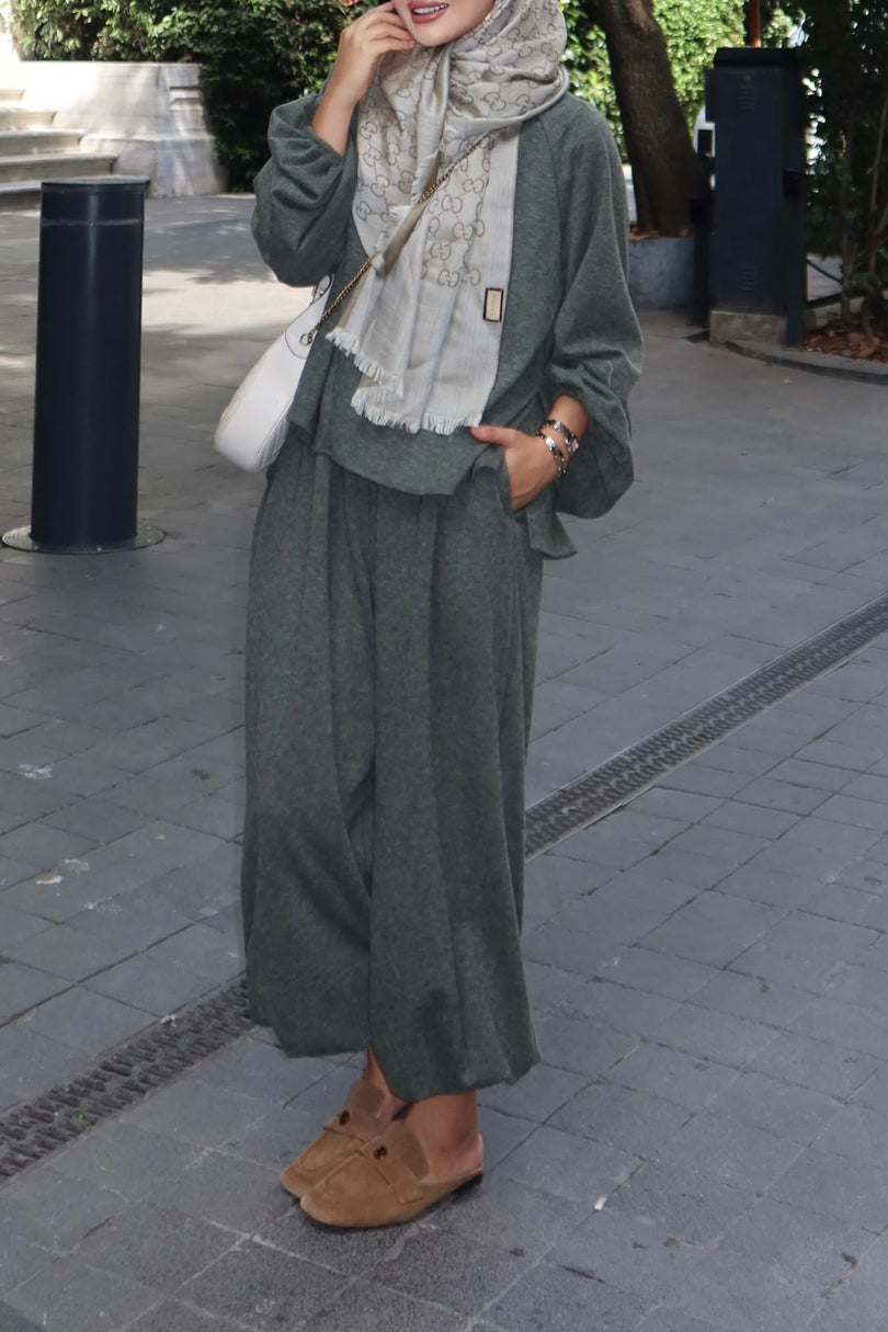Khaki relaxed harem pants and long sleeve co ord set side