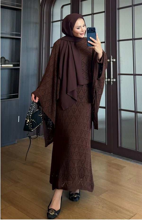 Brown openwork knit poncho and maxi skirt three piece set – front