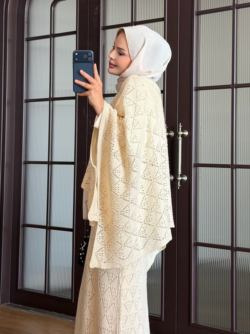 Cream openwork knit poncho and maxi skirt three piece set – profile