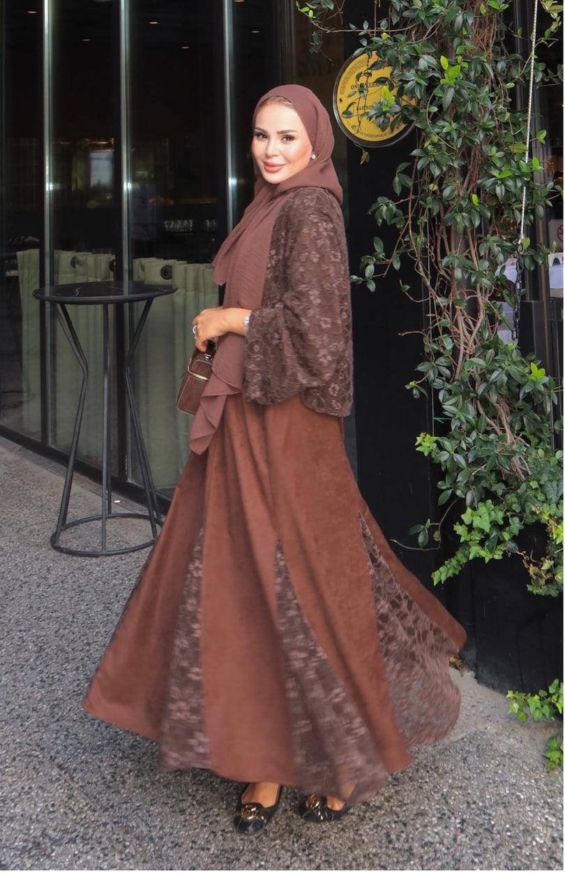 Velvet lace-detail top and maxi skirt set in Brown – hero