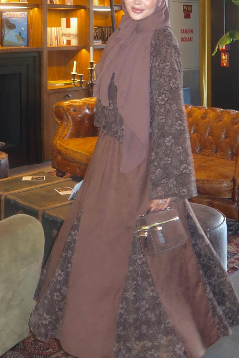Velvet lace-detail top and maxi skirt set in Brown – interior-pose