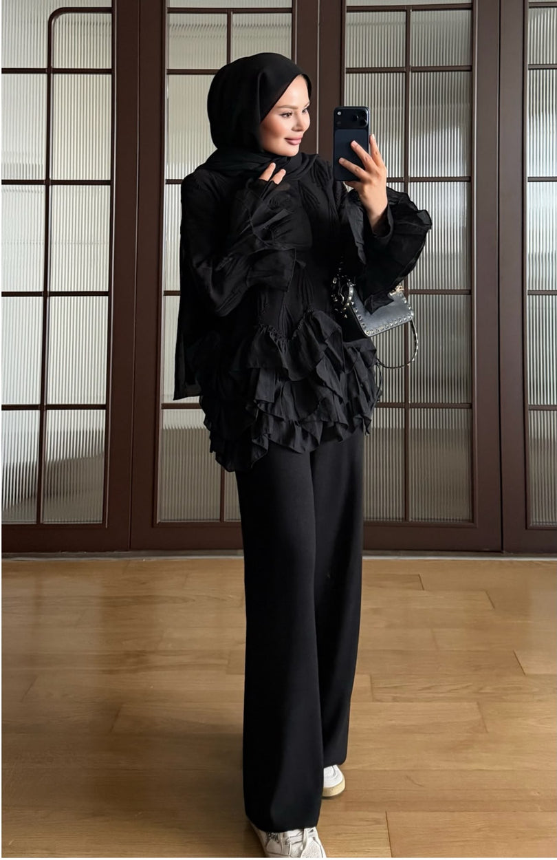 Black ruffle detail knit top and trousers set - full