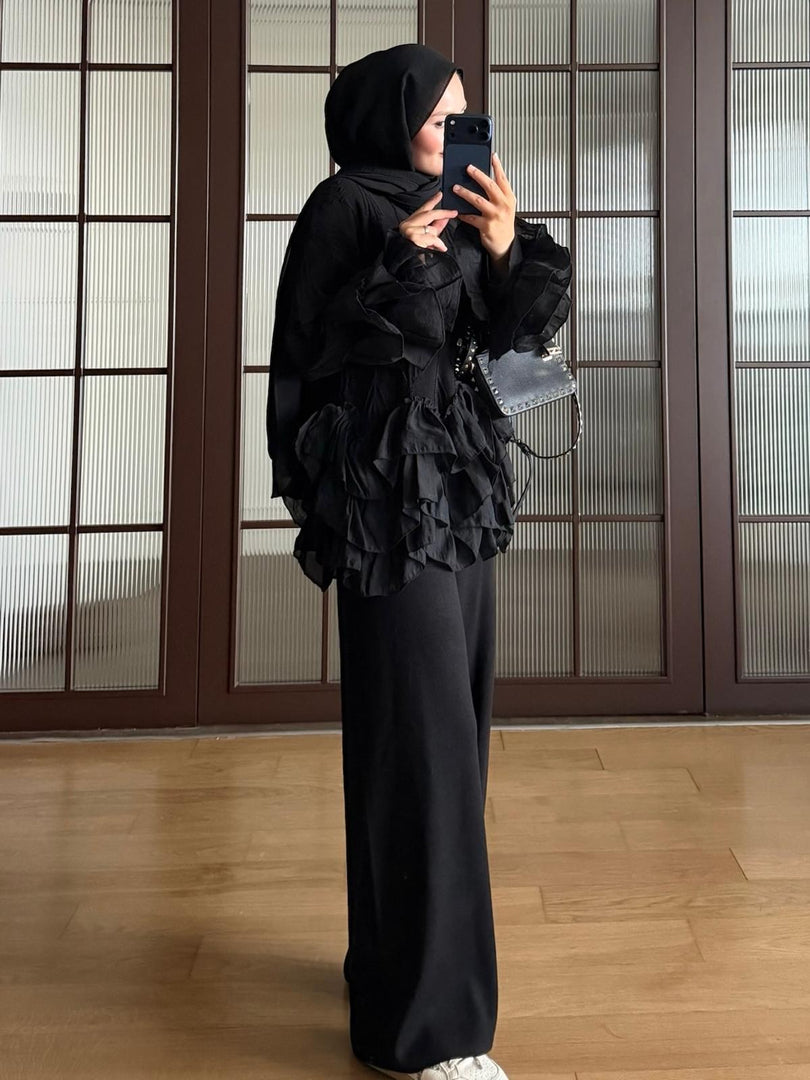 Black ruffle detail knit top and trousers set - side