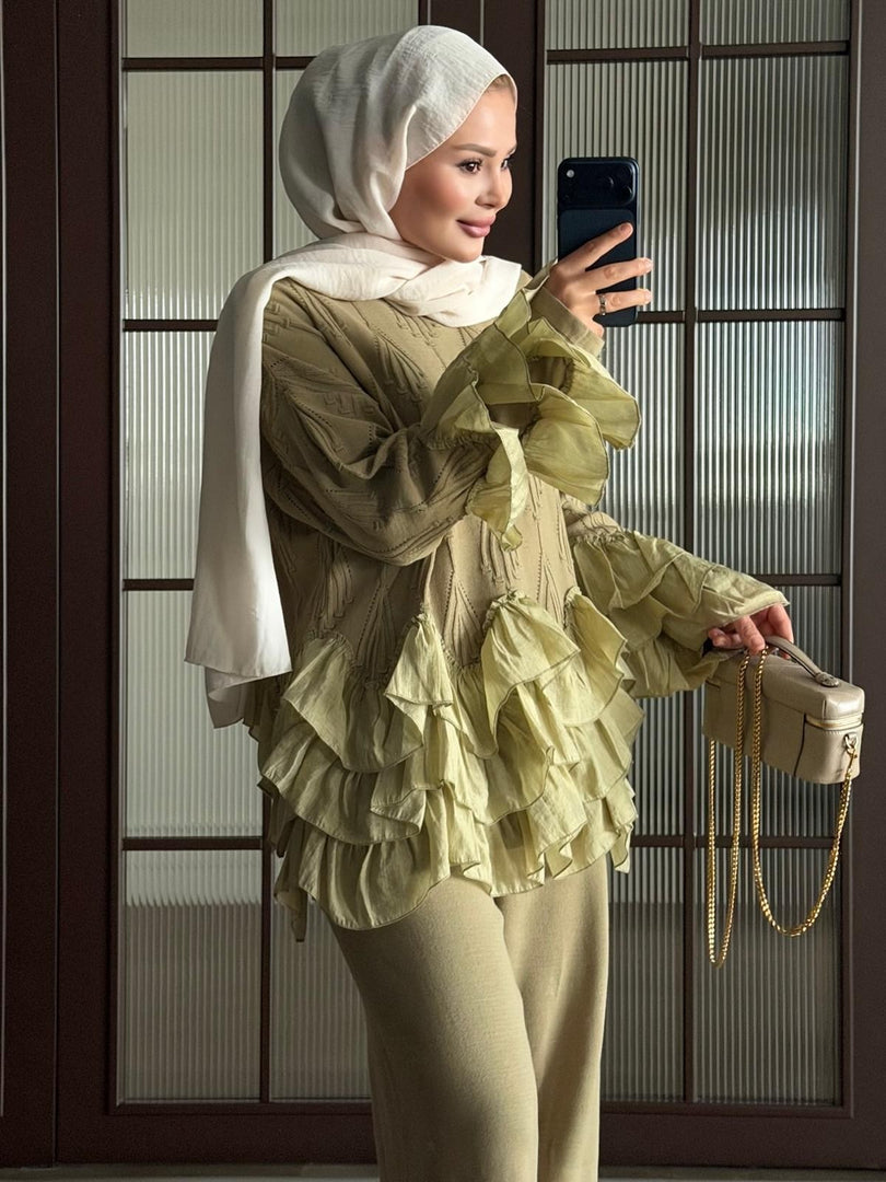 Olive Green ruffle detail knit top and trousers set - closeup