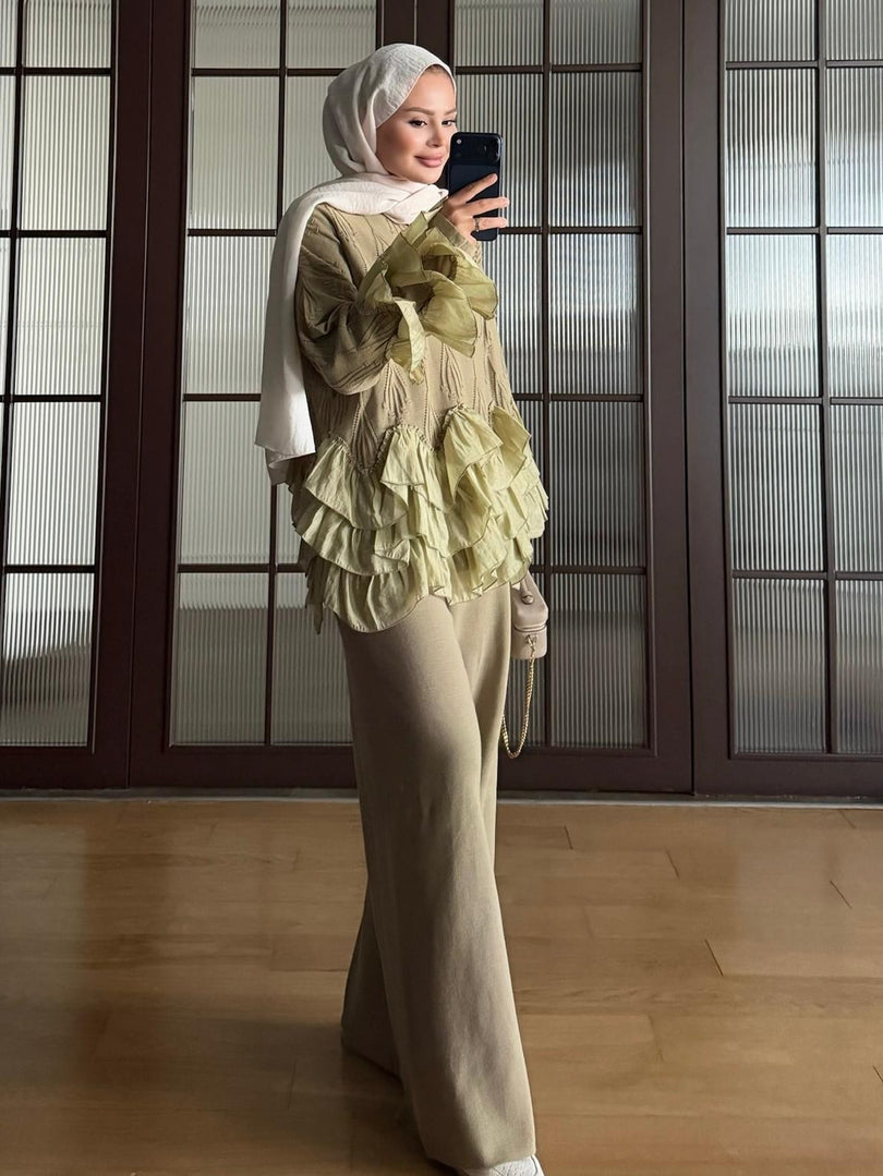 Olive Green ruffle detail knit top and trousers set - pose