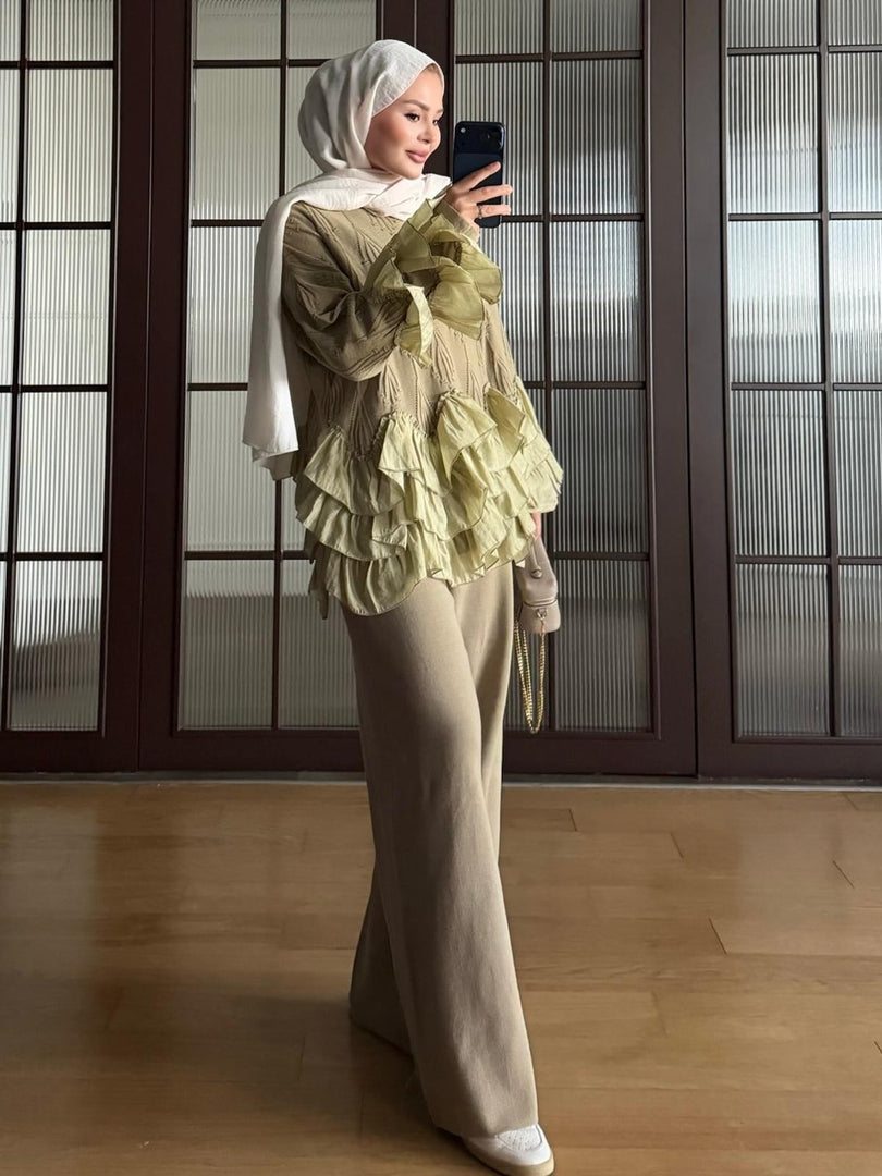 Olive Green ruffle detail knit top and trousers set - side